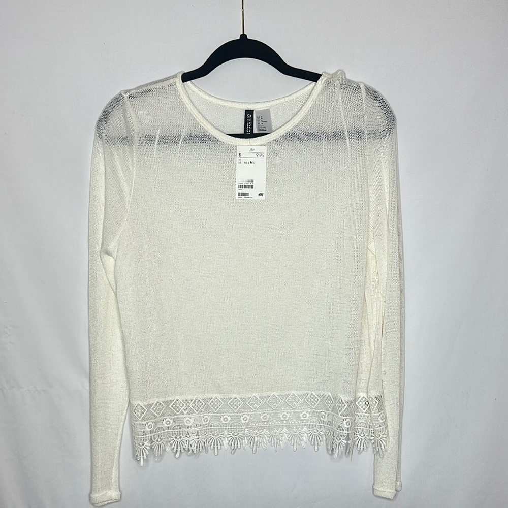 H&M | Cream Knit Sweater Lace Embroidery Trim Long Sleeve Women’s Size M